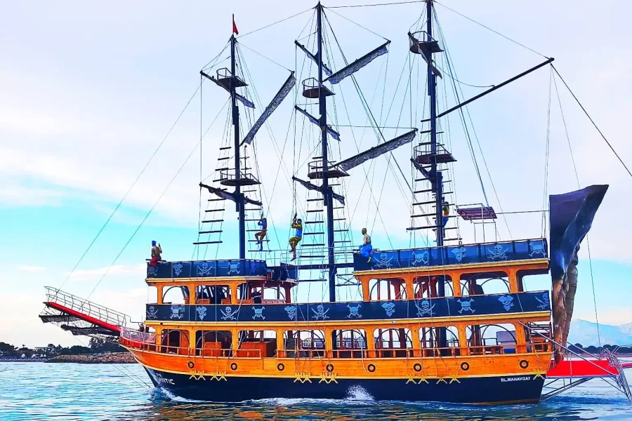Tourists enjoying a foam party on the deck of the pirate boat in Antalya