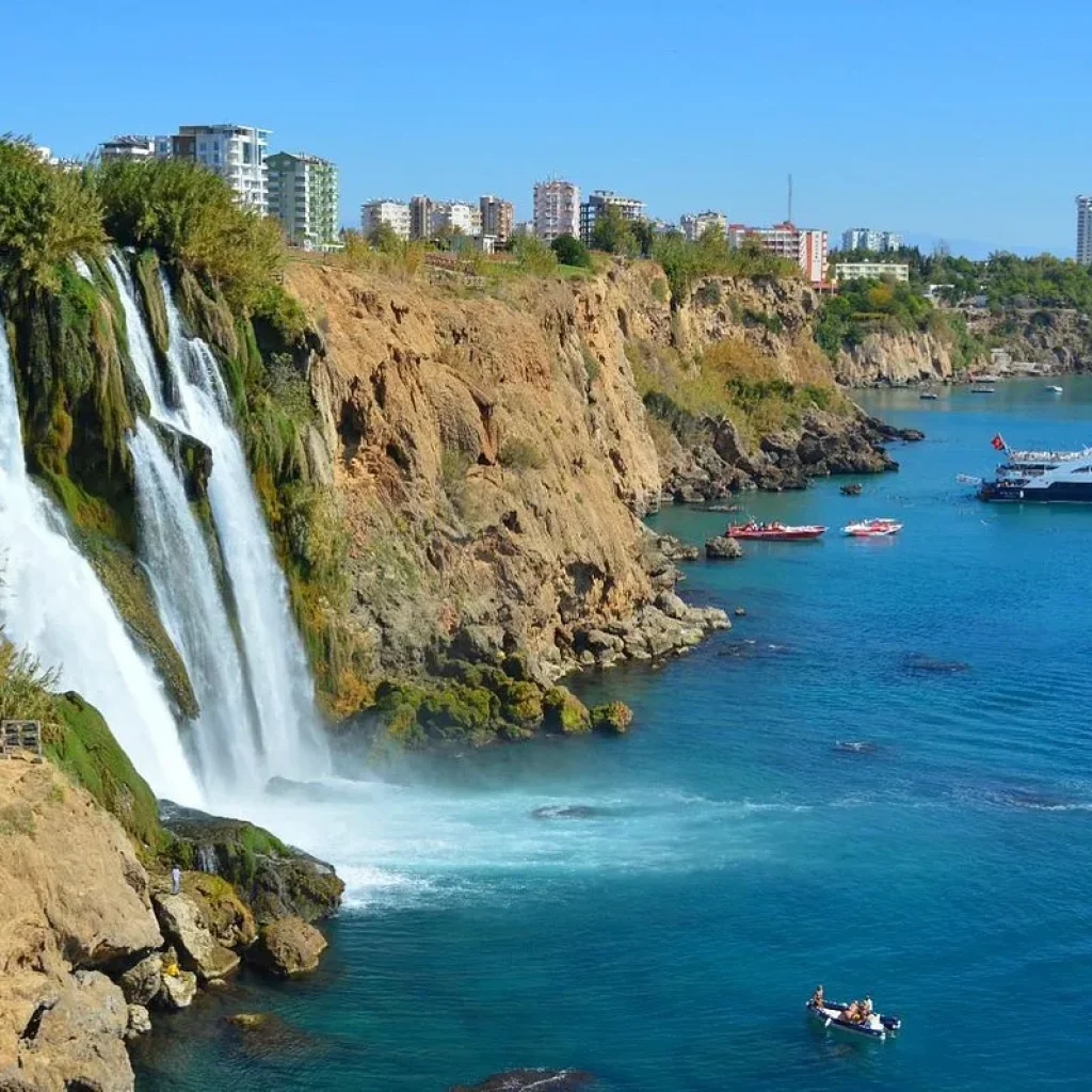 Duden waterfall boat trip Antalya — Lower Düden Waterfall dropping 40 metres into the Mediterranean Sea