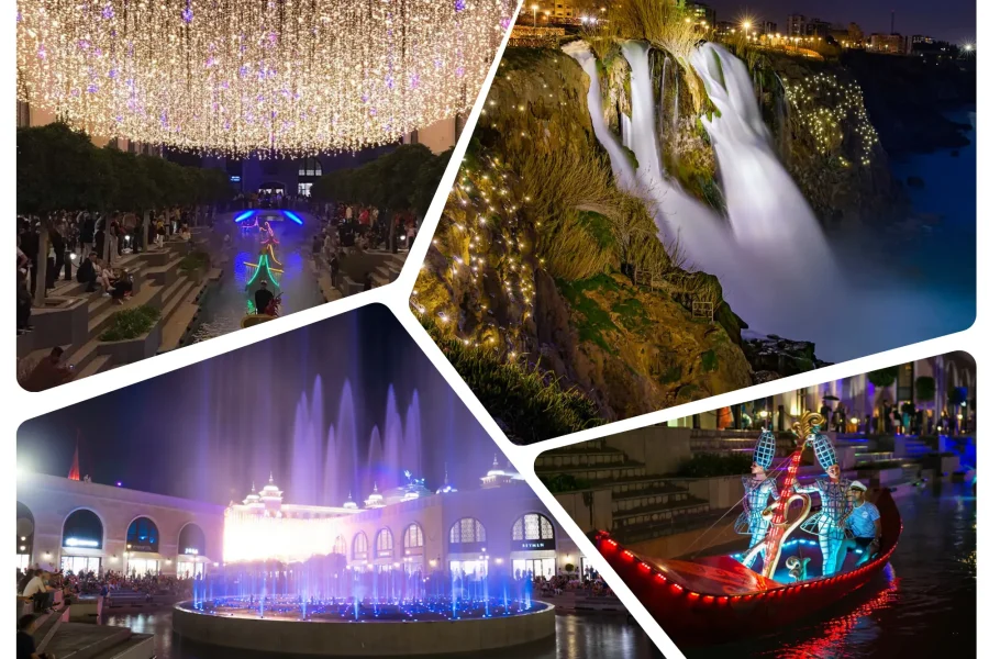 Land of Legends Night Show boat parade and Lower Duden Waterfall sunset tour collage