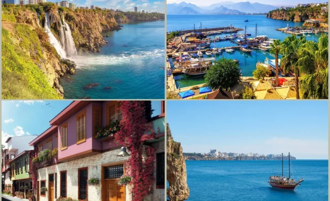 "Collage of Antalya attractions: Lara Waterfall, Roman Harbour boat tour, Kaleiçi Old Town with Hadrian's Gate, and Hıdırlık Tower."