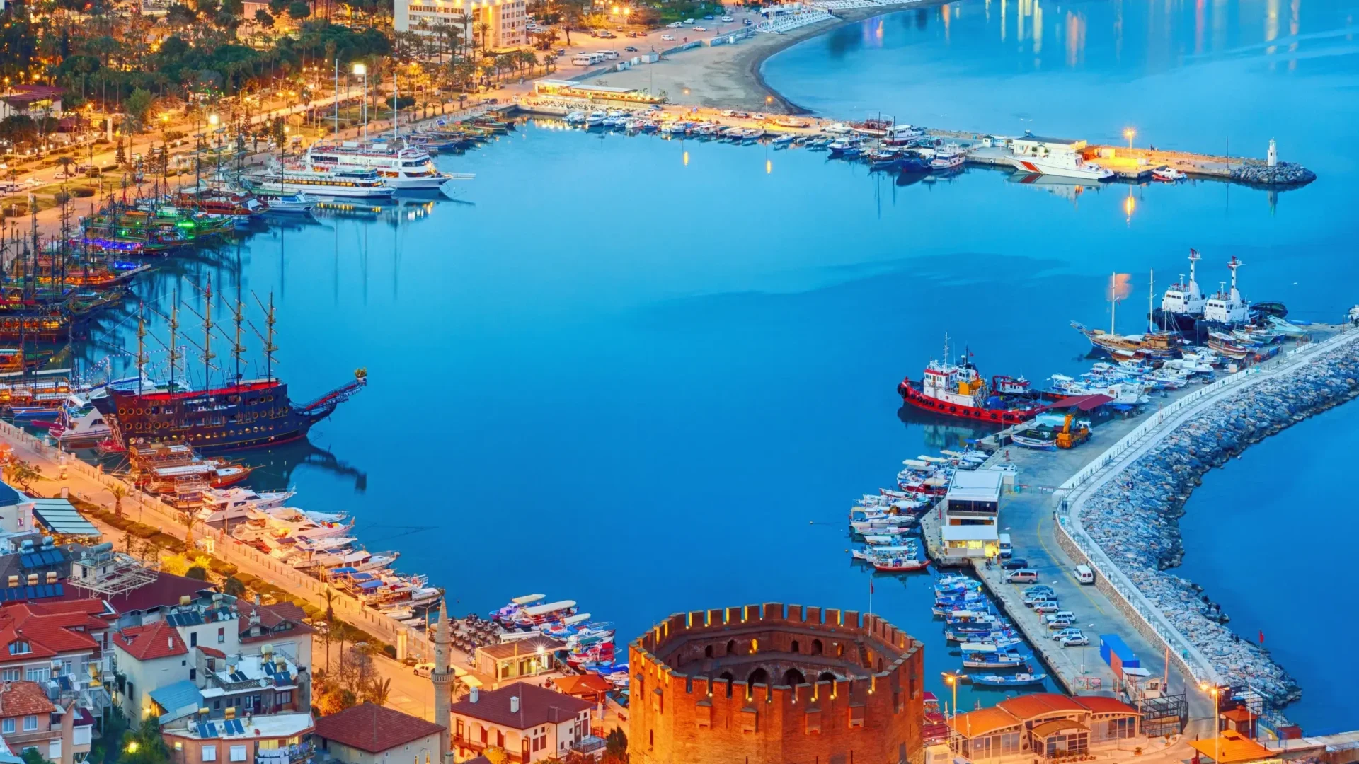 Aerial view of Alanya showing the coastline, castle, and Mediterranean Sea