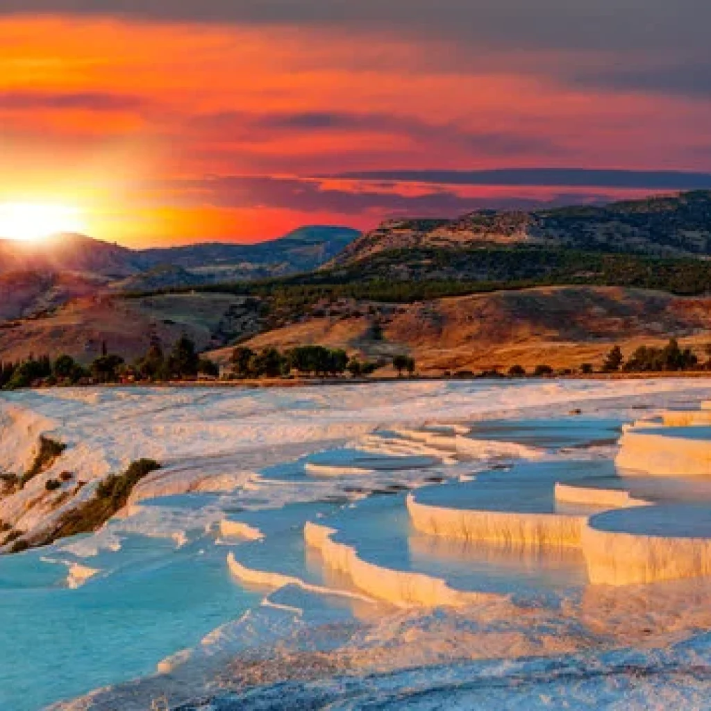 unset view over Pamukkale terraces