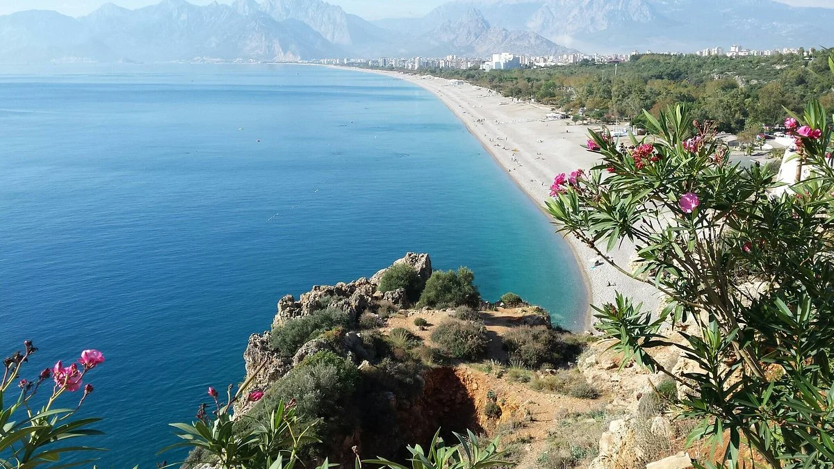 Antalya coastline with Old Town and mountains