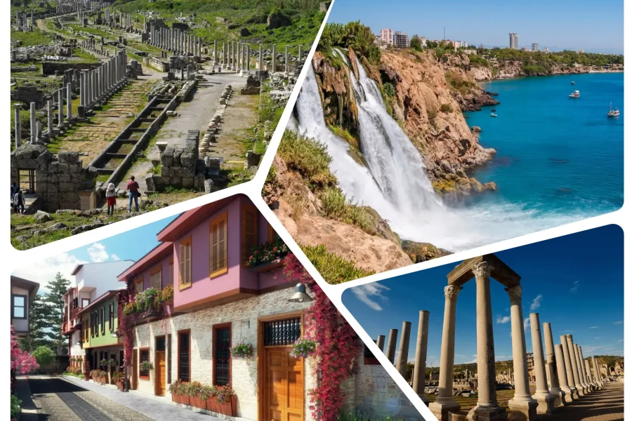 Perge Old Town and Waterfall Tour collage featuring ancient ruins, Kaleici streets, and Grand Waterfall