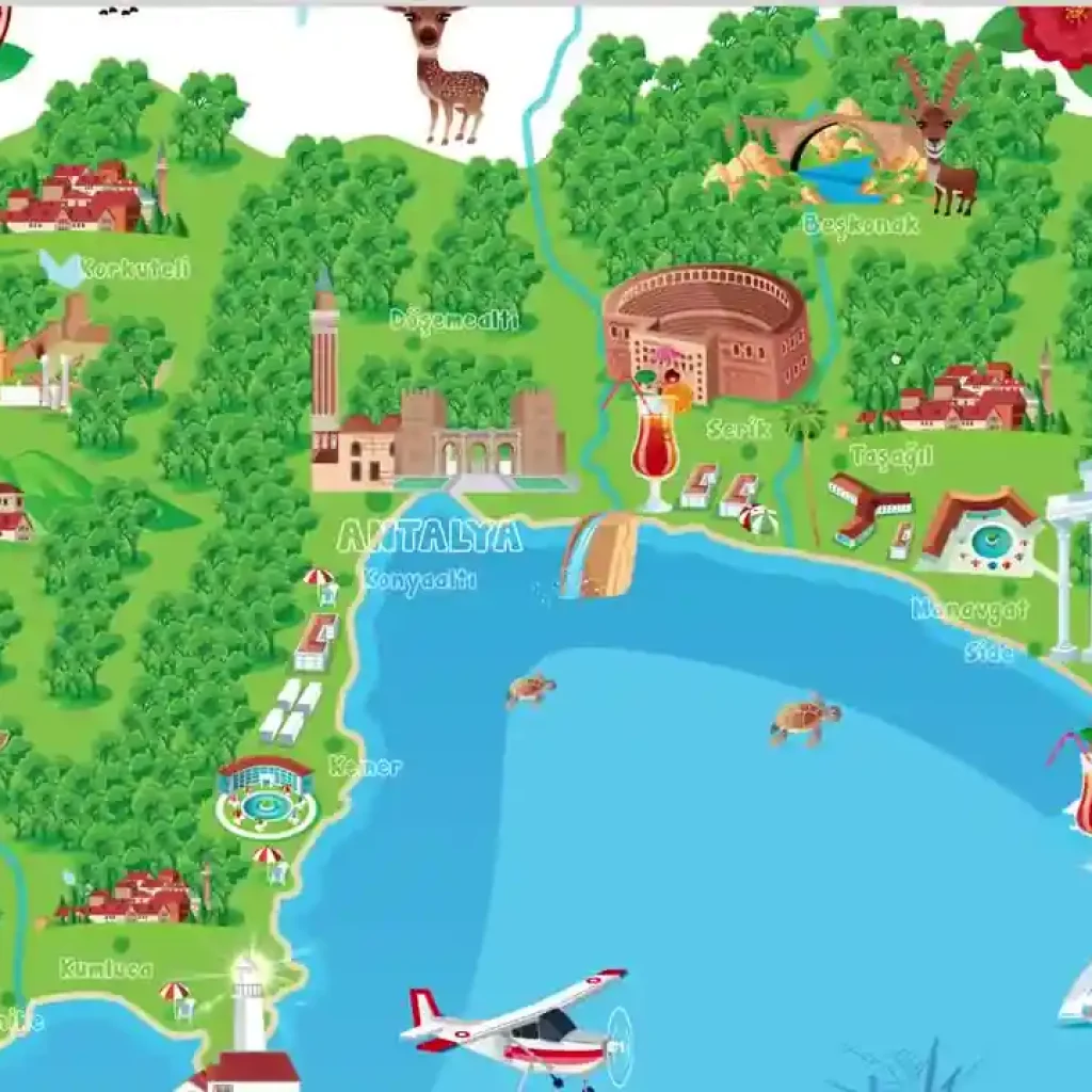 Half day Antalya itinerary map showing Duden Waterfall, Falez boat trip and Kaleici old town